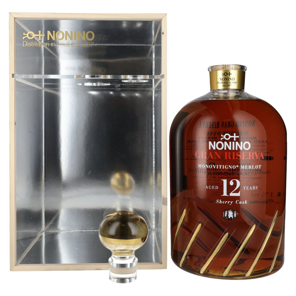 Nonino Grappa 12 Years Monovitigno Merlot Gran Riserva Sherry Cask 41% Vol. 5,8l in wooden box with dosing pump