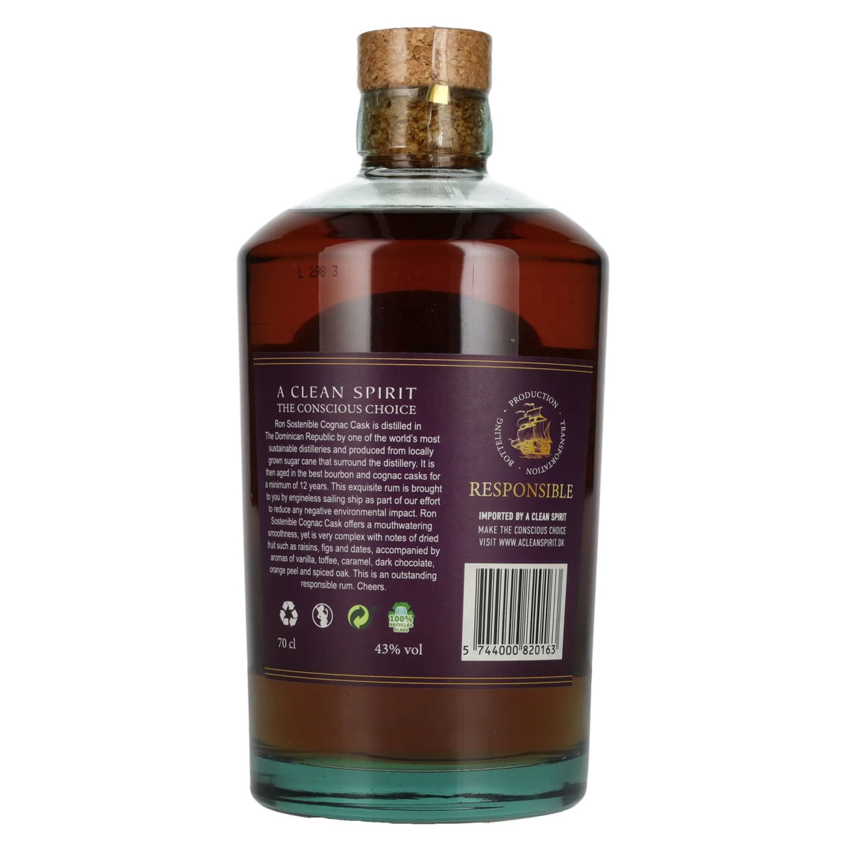 Ron Sostenible, rhum vieilli 12 ans en fût de cognac, 43 % vol., 0,7 l