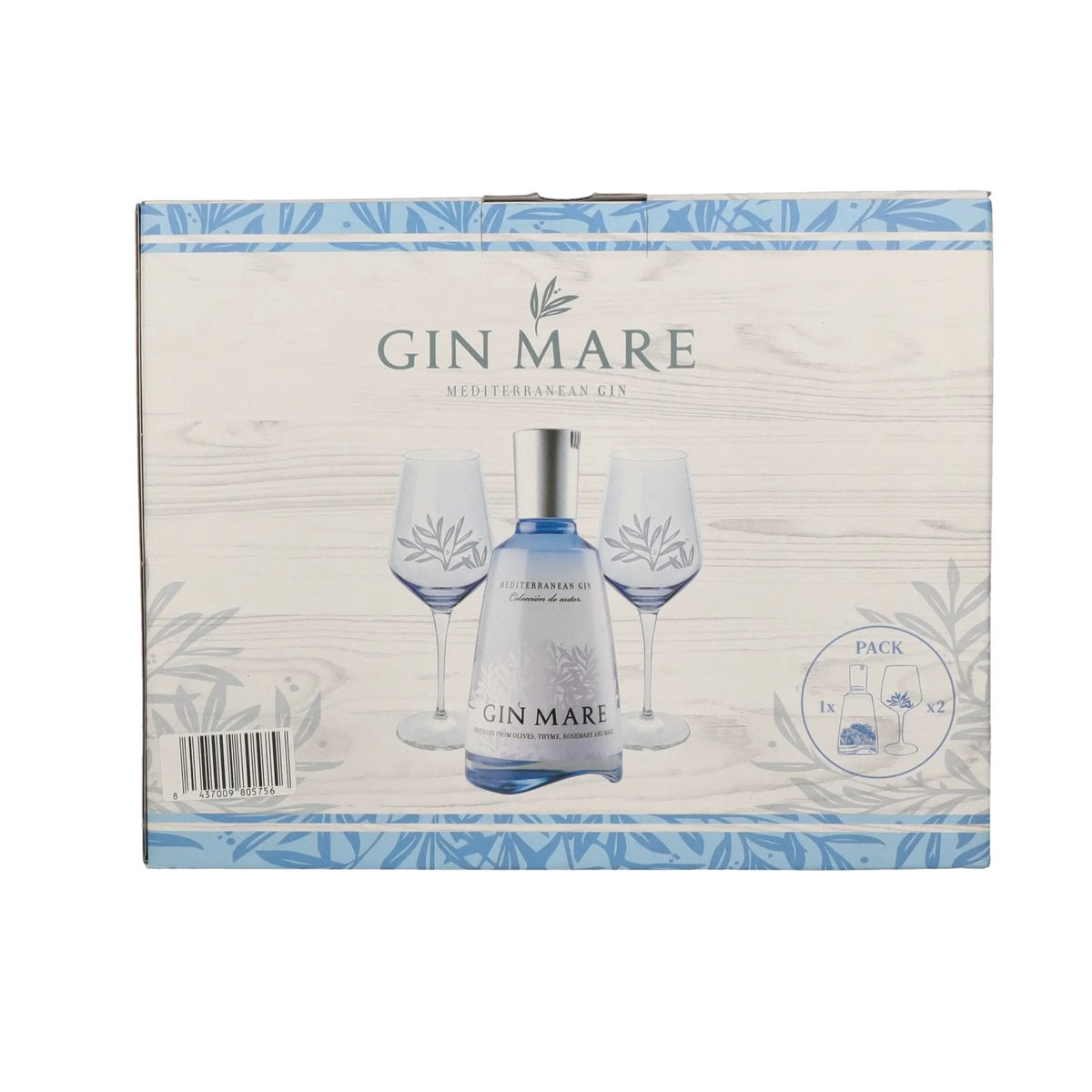 Gin Mare Mediterranean Gin 42.7% ABV, 0.7 litres, in a gift box with 2 glasses