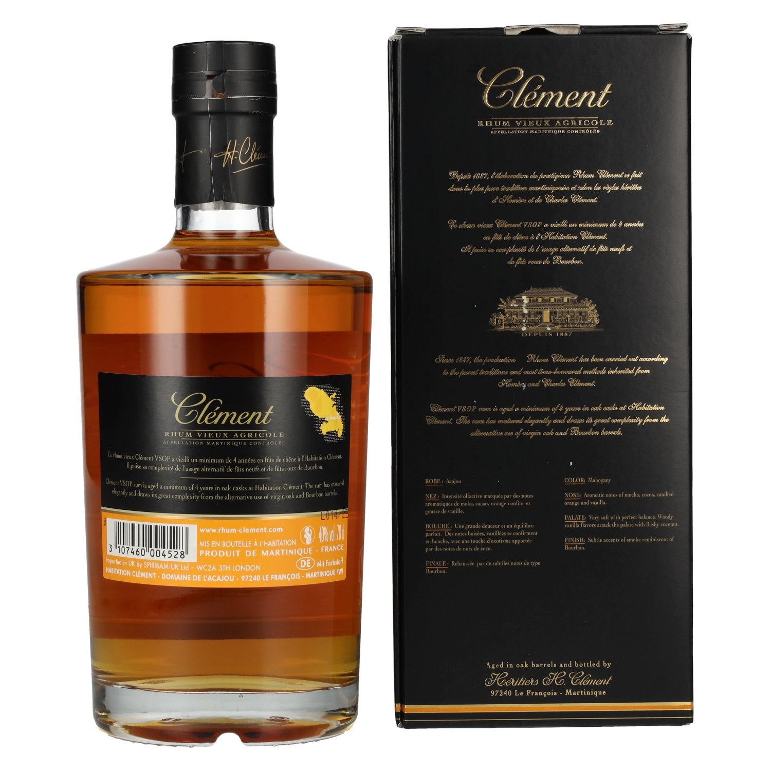 Clément Rhum Vieux Agricole V.S.O.P. VIEILLI EN FÛTS DE CHÊNE 40% Vol. 0,7l en coffret cadeau
