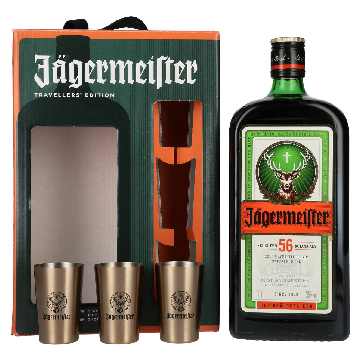 Jägermeister TRAVELLERS' EXCLUSIVE 35% Vol. 1l in gift box with 3 Metal Shot Cups