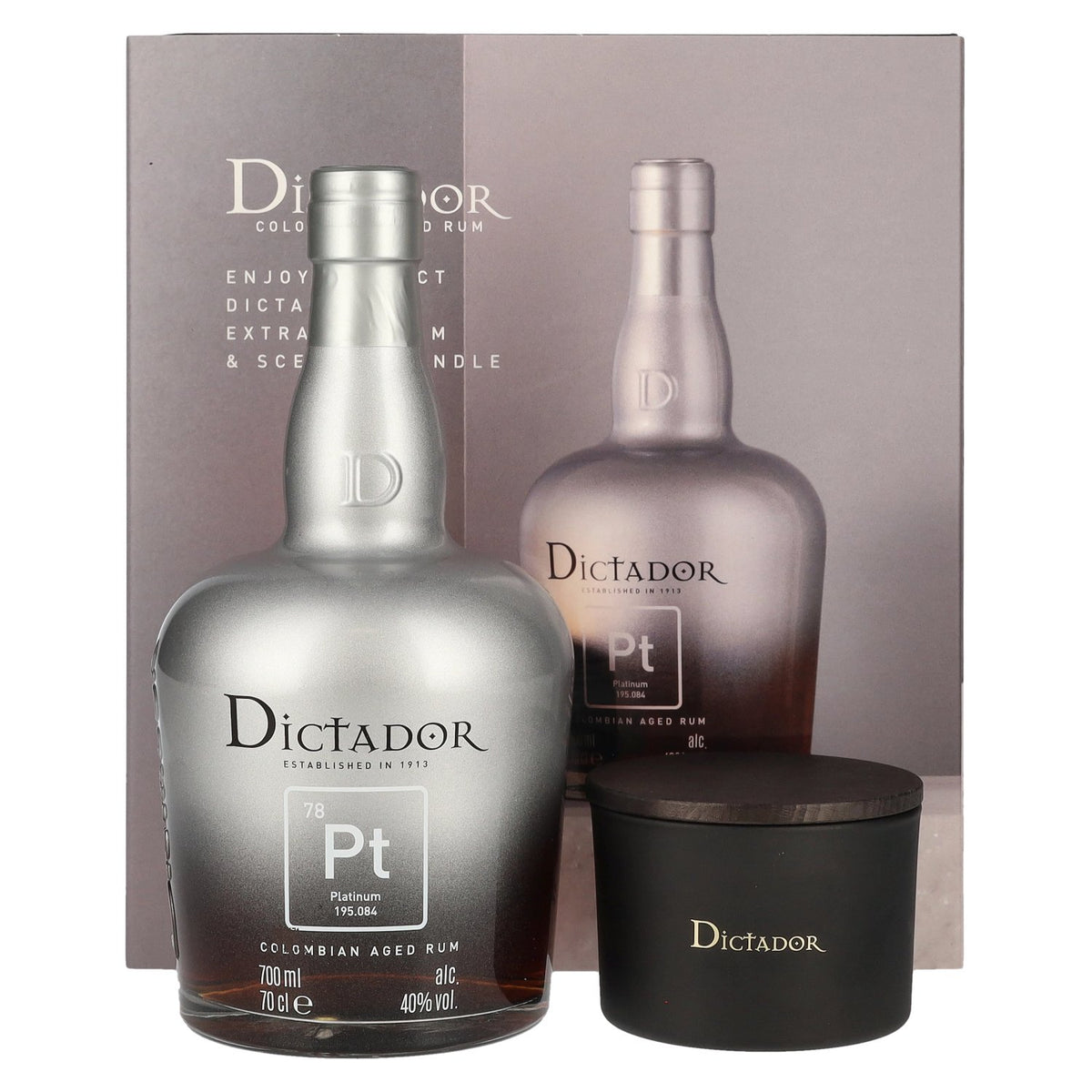 Dictador PLATINUM Colombian Aged Rum 40% vol. 0,7l en boîte cadeau avec bougie