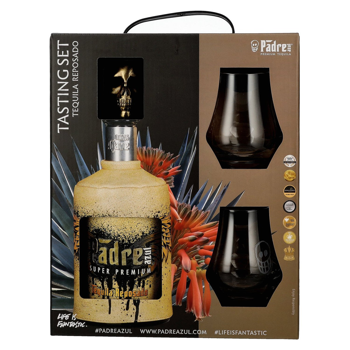Padre Azul Super Premium Tequila Reposado 100% Agave 40% Vol. 0,7l in gift box with 2 glasses