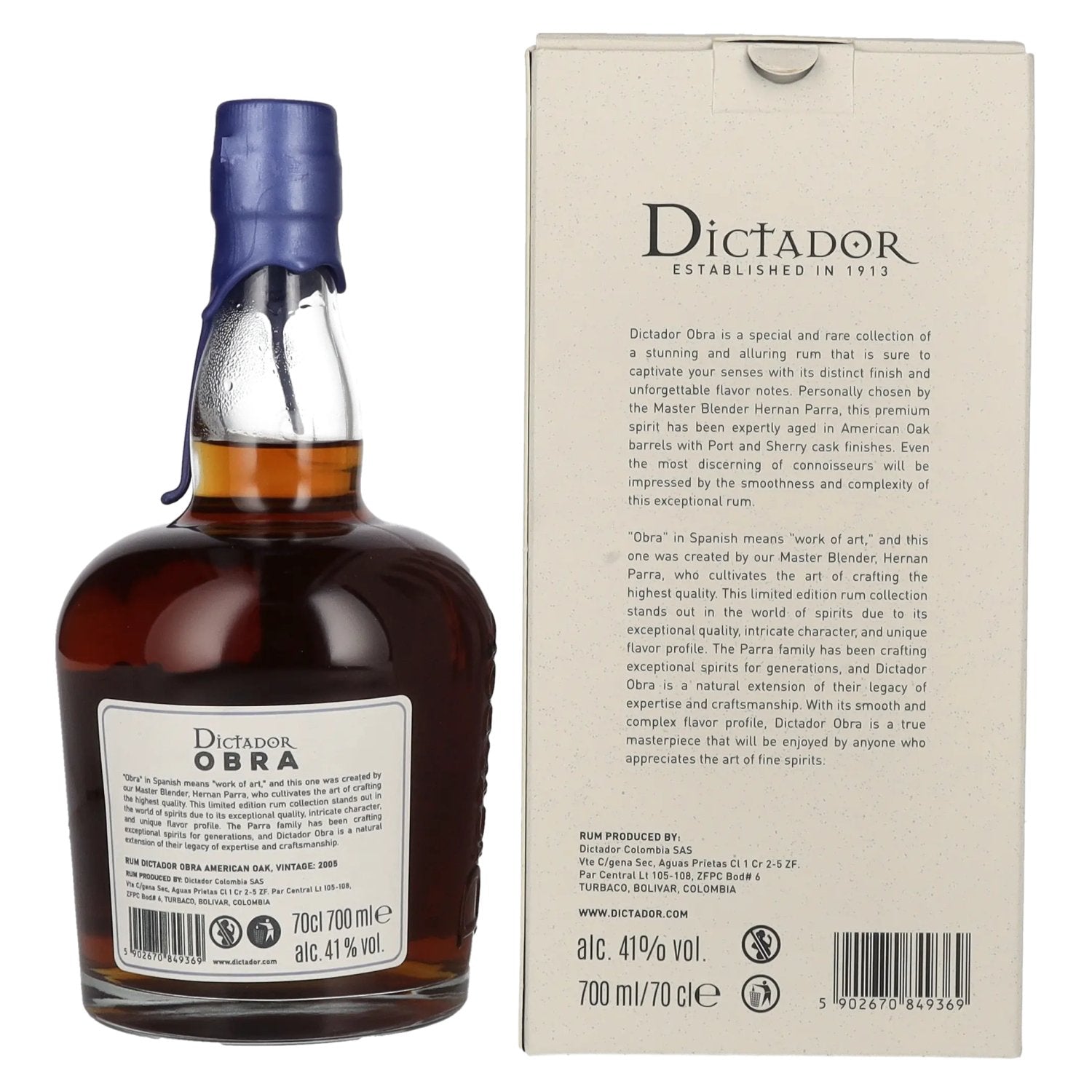 Dictador OBRA VINTAGE 18 Years Old AMERICAN OAK CASK Rum 2005 41% Vol. 0,7l in Geschenkbox