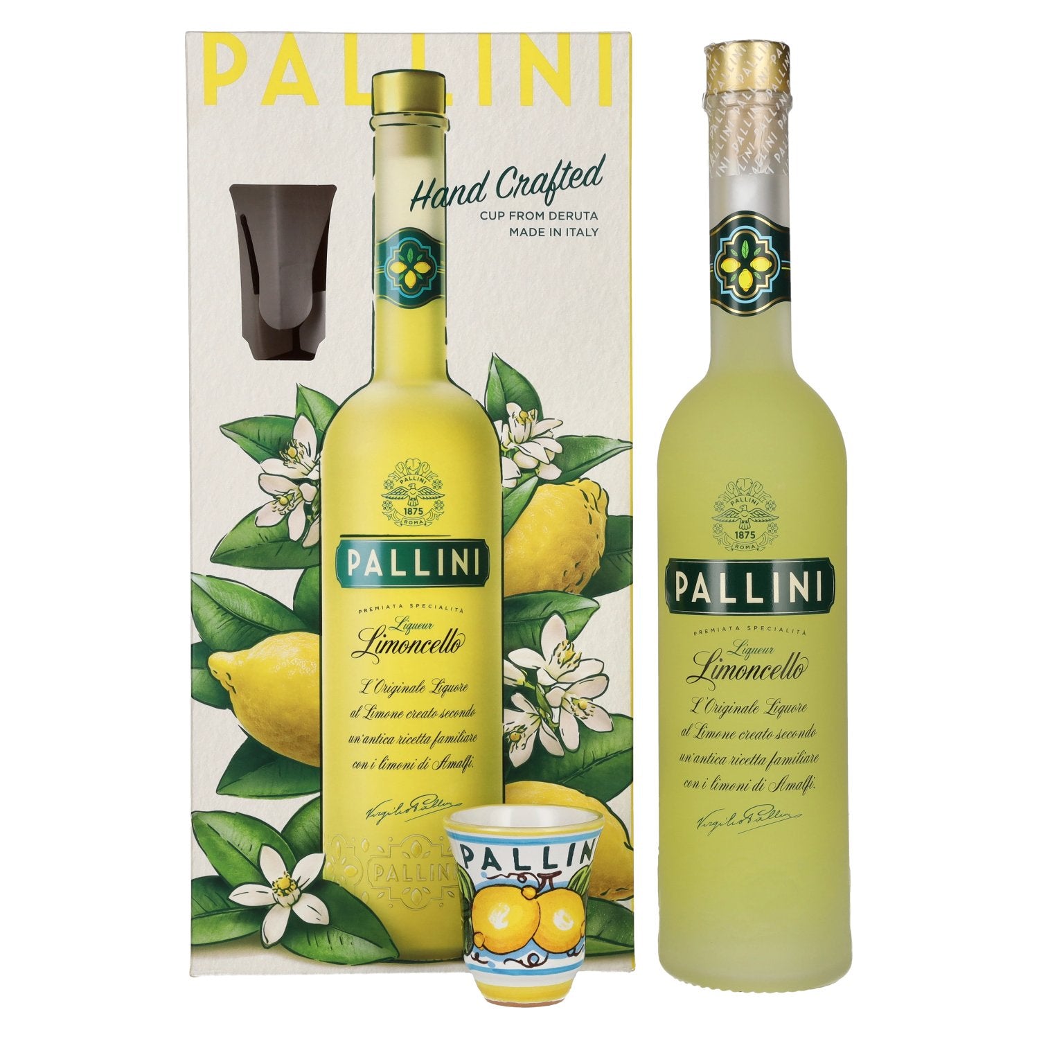 Pallini Limoncello Liqueur 26% Vol. 0,5l in Geschenkbox mit Keramik-Becher