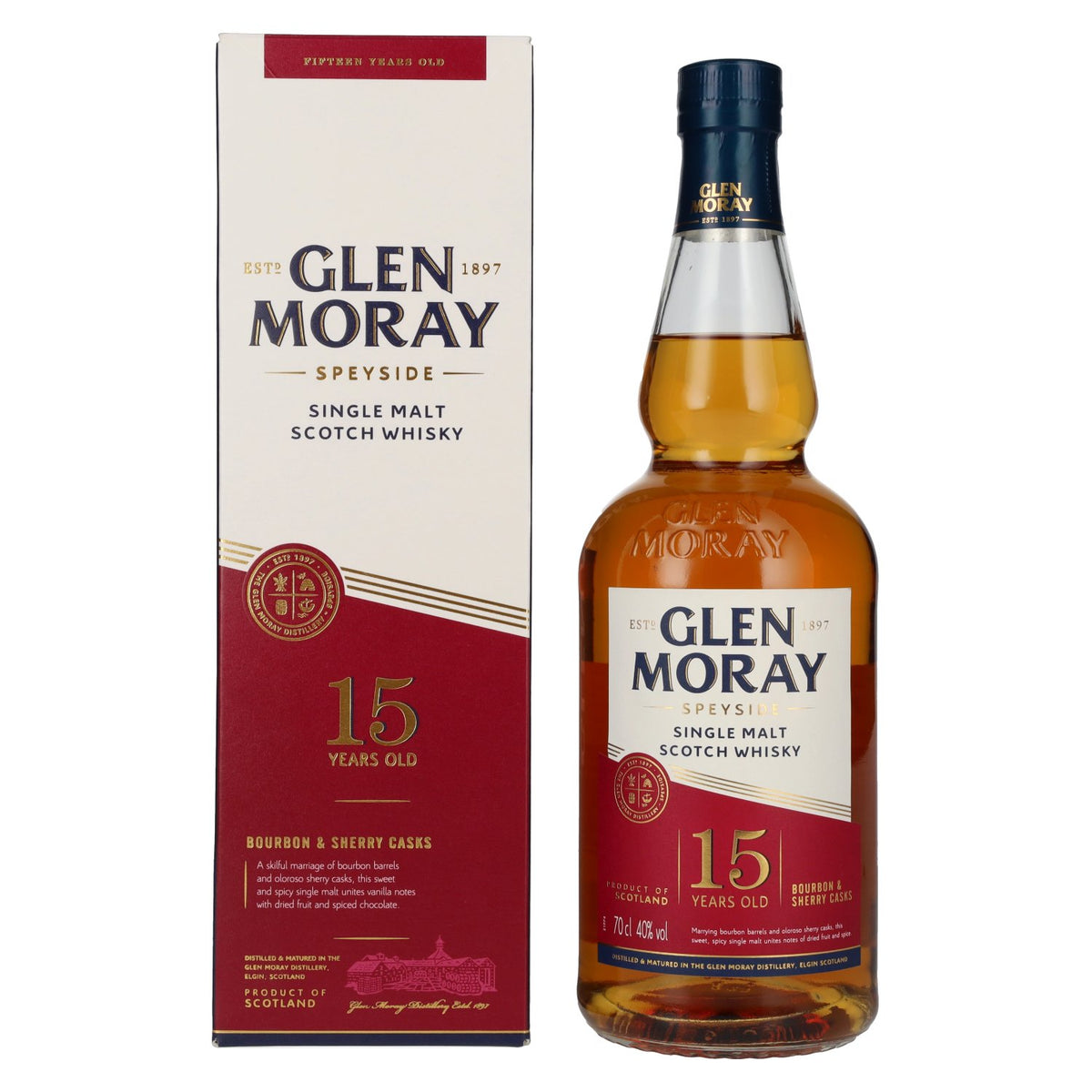 Glen Moray 15 ans d'âge, élevé en fûts de bourbon et de sherry, single malt du Speyside, 40 % vol., 0,7 l, dans un coffret cadeau