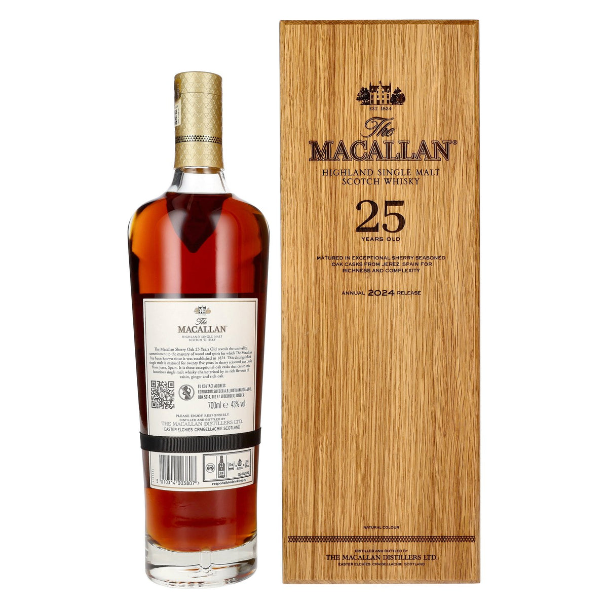 The Macallan 25 Years Old SHERRY OAK 2024 43% ABV 0.7l in a wooden box