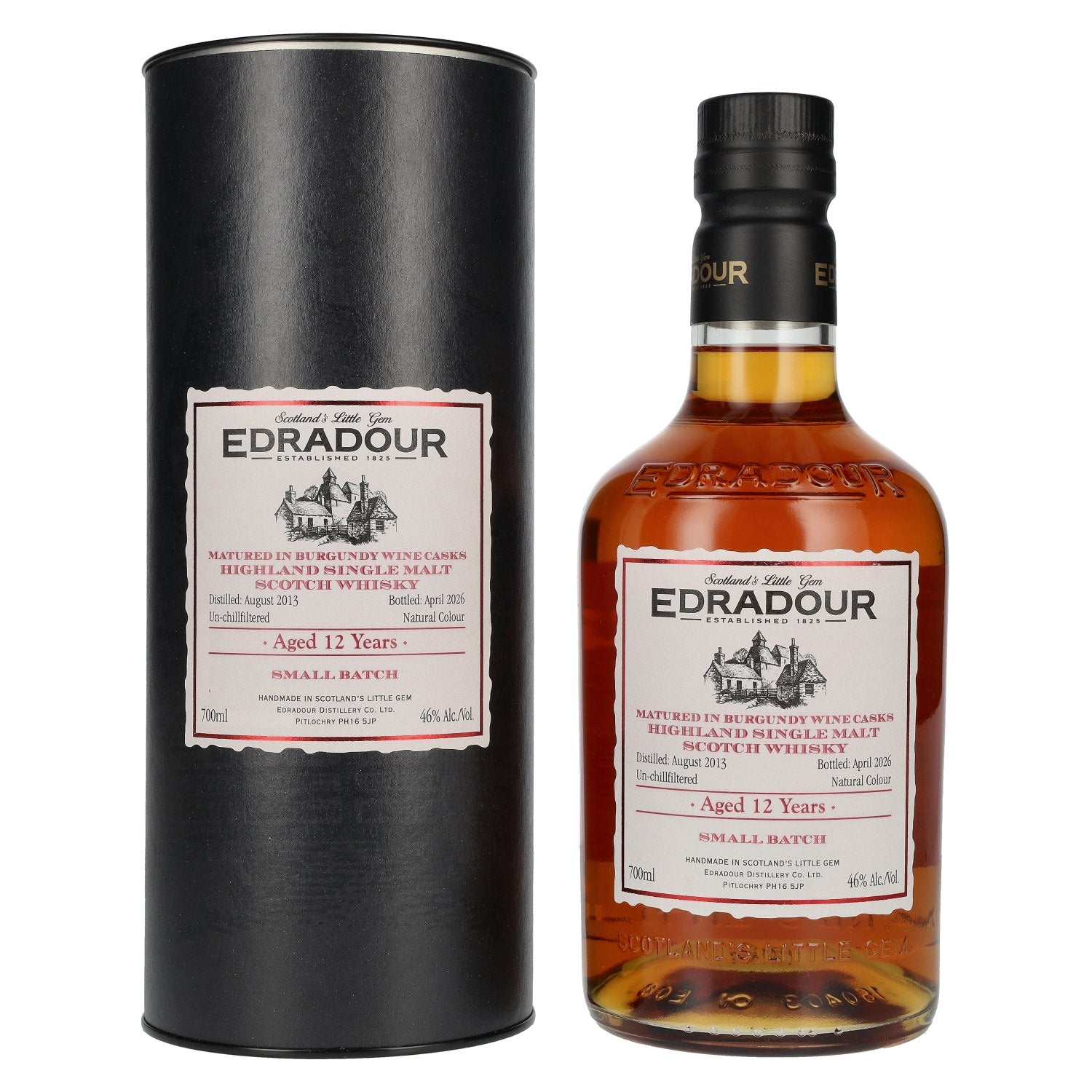 Edradour Whisky single malt du Highlands 12 ans d'âge, vieilli en fûts de Bourgogne, 46 % vol., 0,7 l, dans un coffret cadeau
