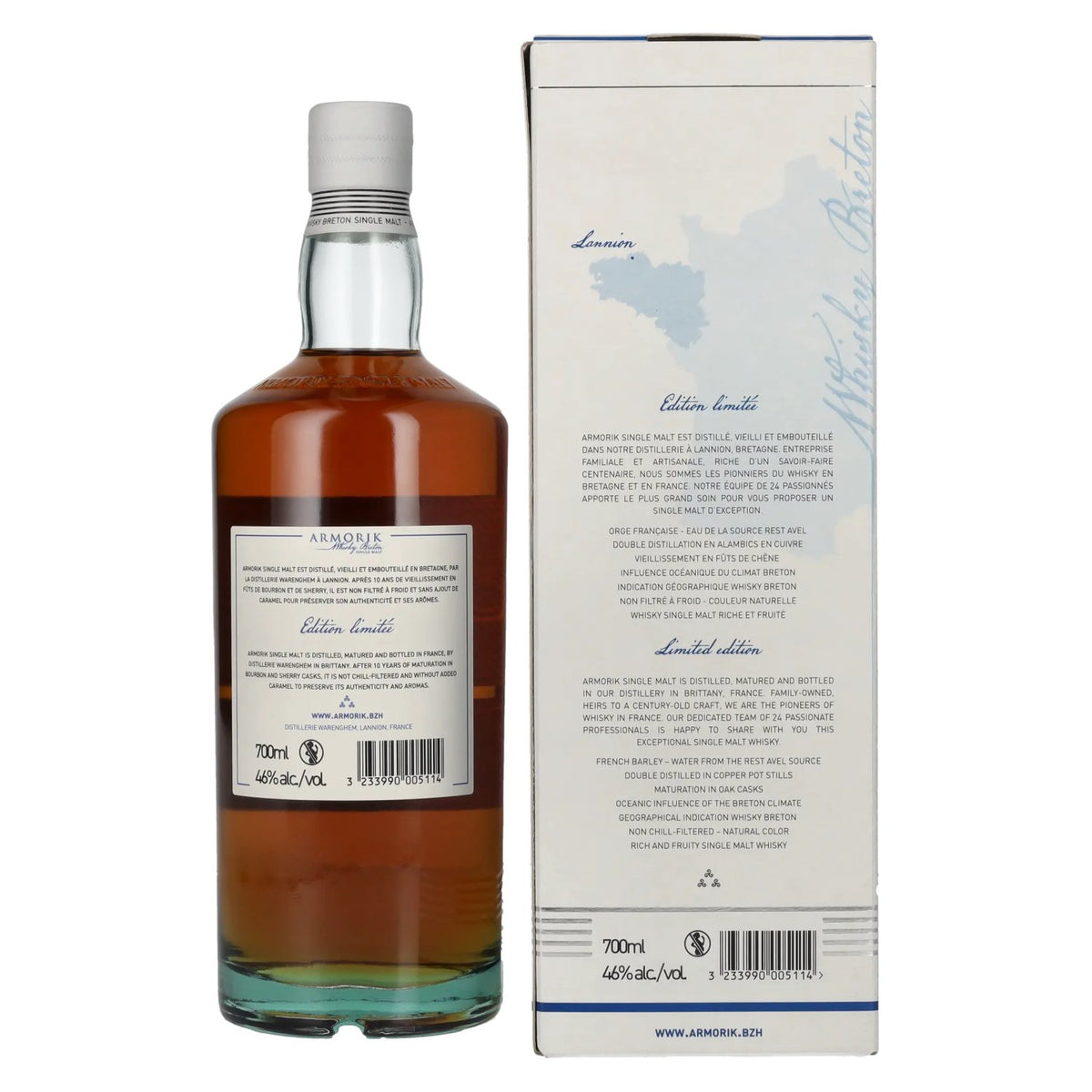 Armorik 10 Ans Whisky Breton Single Malt Edition Limitée 2023 46% Vol. 0,7l en boîte cadeau
