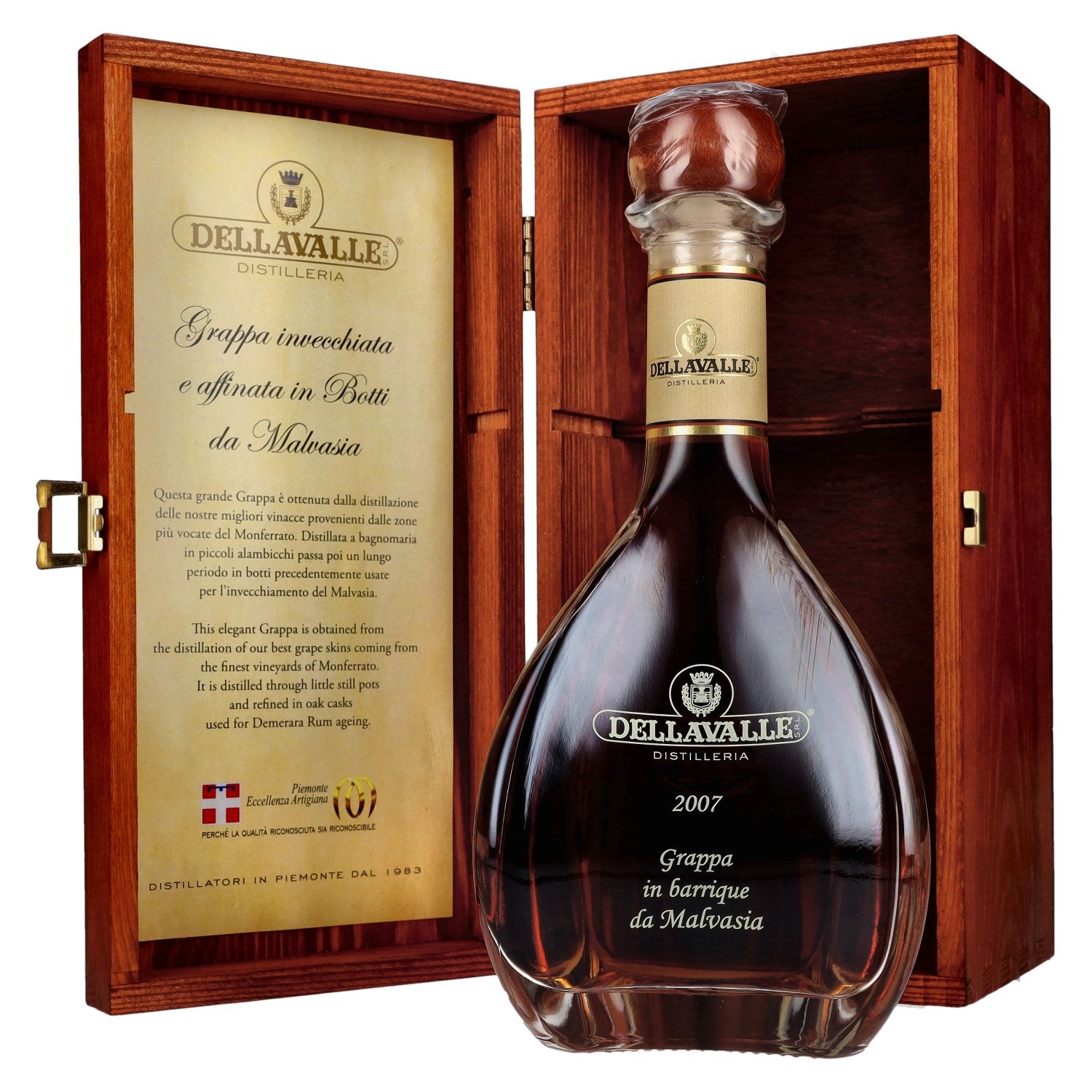 Dellavalle Grappa Affinata in botti da MALVASIA 2007 42% Vol. 0,7l in Holzkiste