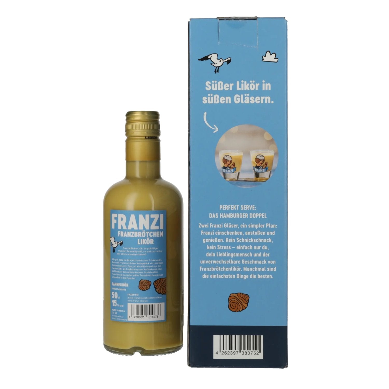 Franzi Franzbrötchen Likör 15% vol. 0,5l en boîte cadeau avec 2 verres à shot