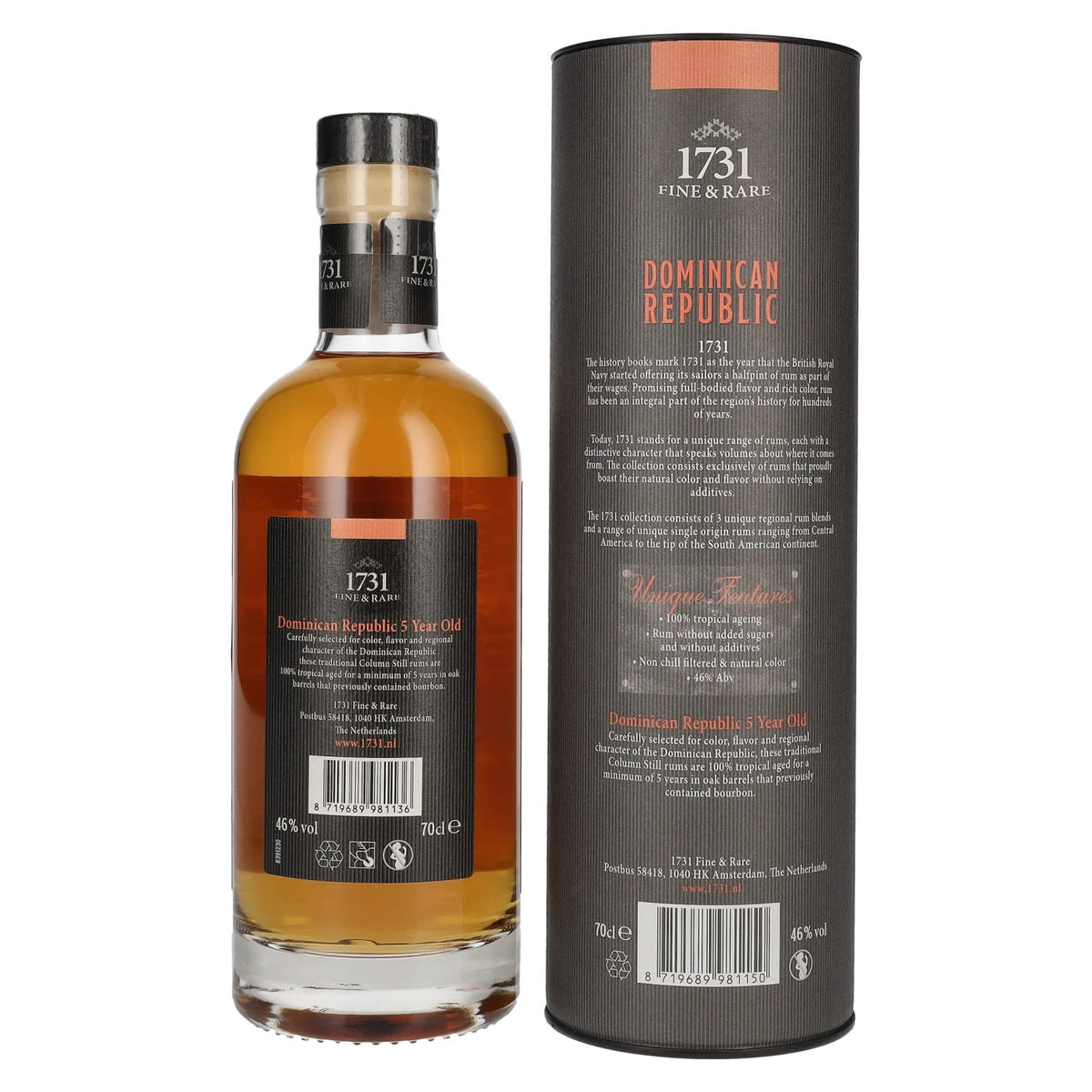 1731 Fine & Rare DOMINICAN REPUBLIC 5 Years Old Single Origin Rum 46% Vol. 0,7l in Geschenkbox