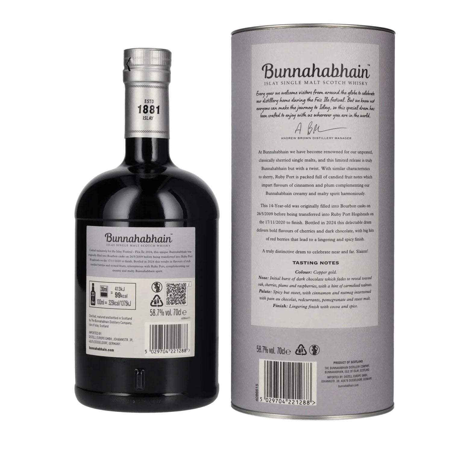 Bunnahabhain 14 Years Old RUBY PORT CASK Matured Limited Release Fèis Ìle 2024 58,7% Vol. 0,7l in Geschenkbox