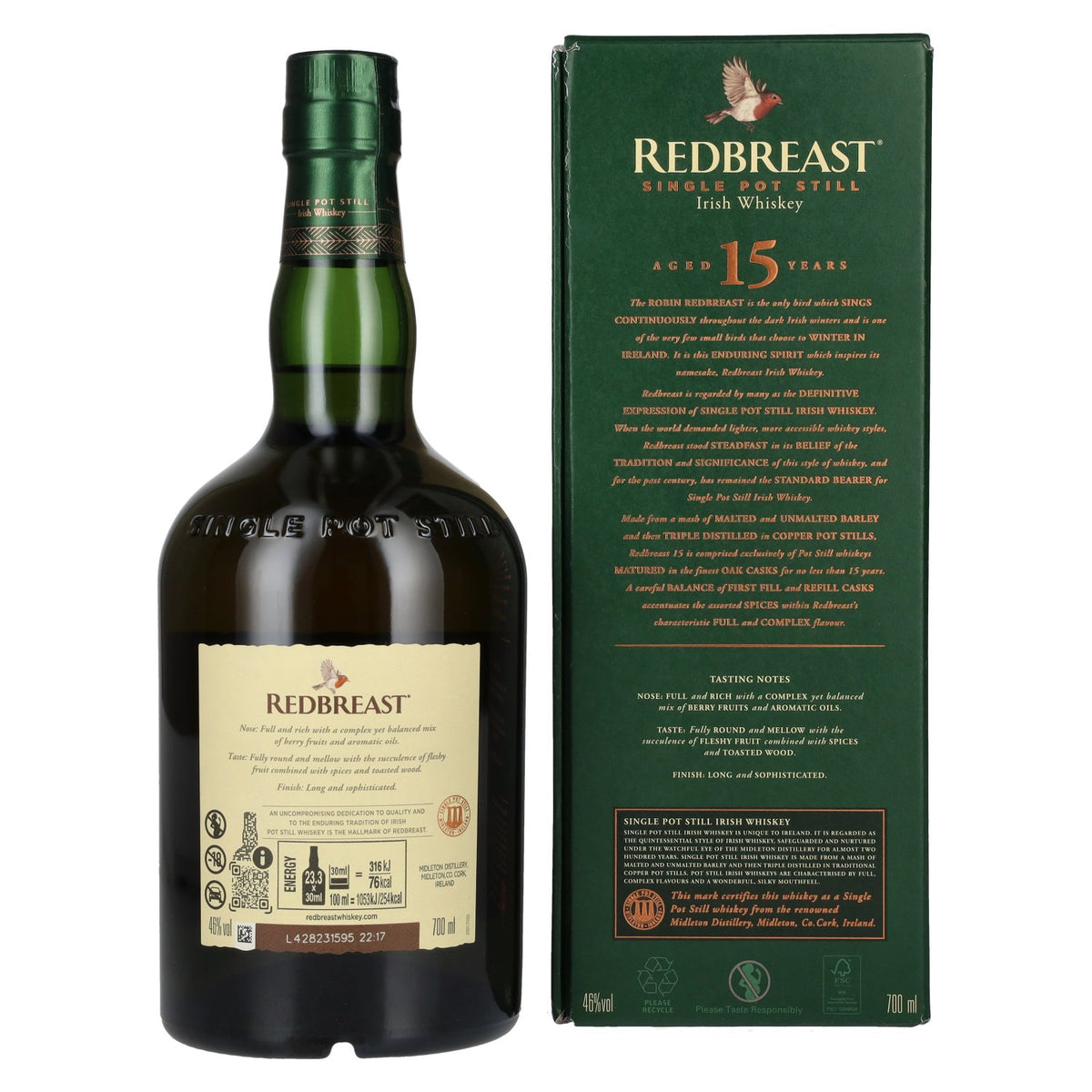 Redbreast 15 Years Old Single Pot Still Irish Whiskey 46% Vol. 0,7l in Geschenkbox