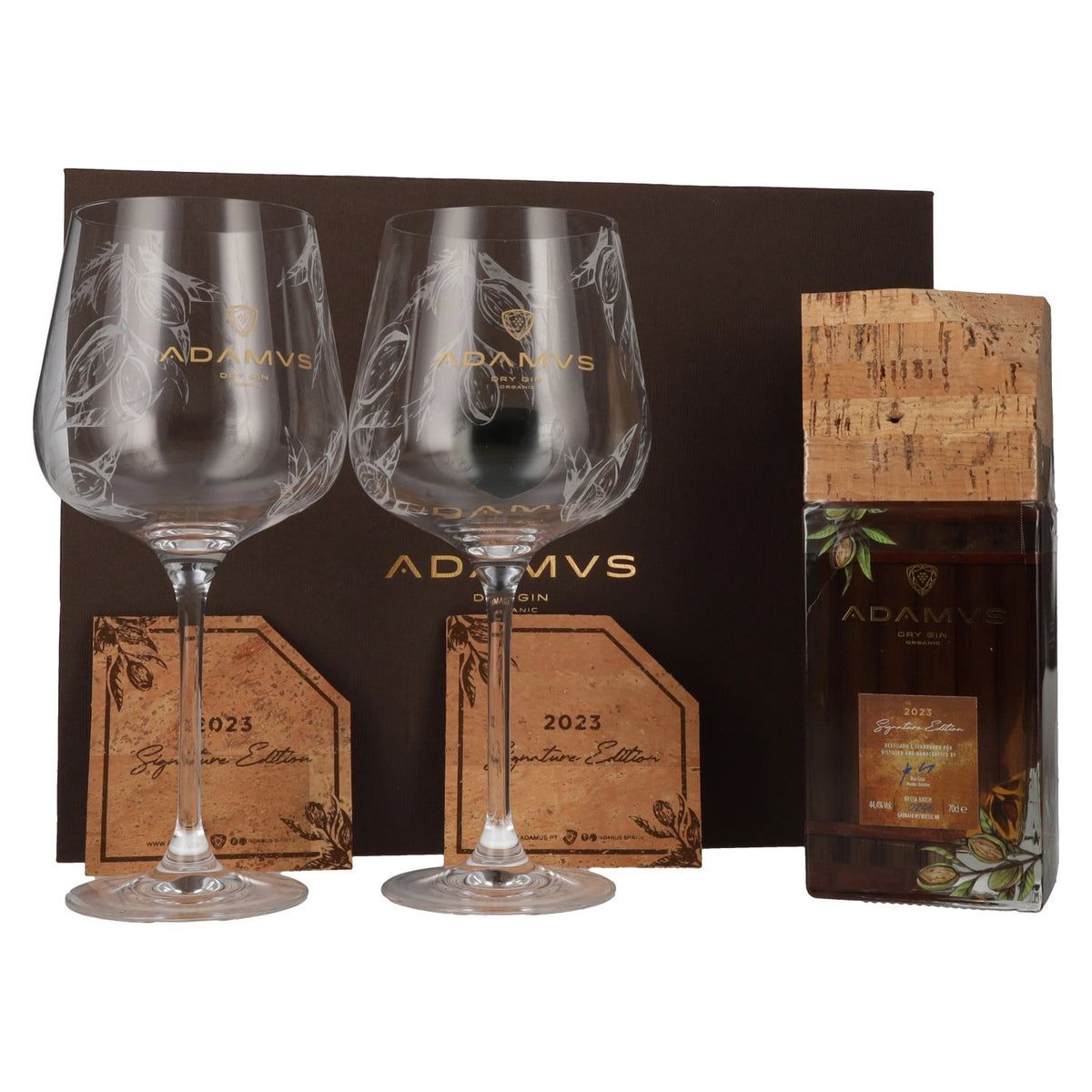 Adamus Dry Gin Organic Signature Edition 2023 44,4% Vol. 0,7l in Geschenkbox mit 2 Gläsern & Kork Untersetzer