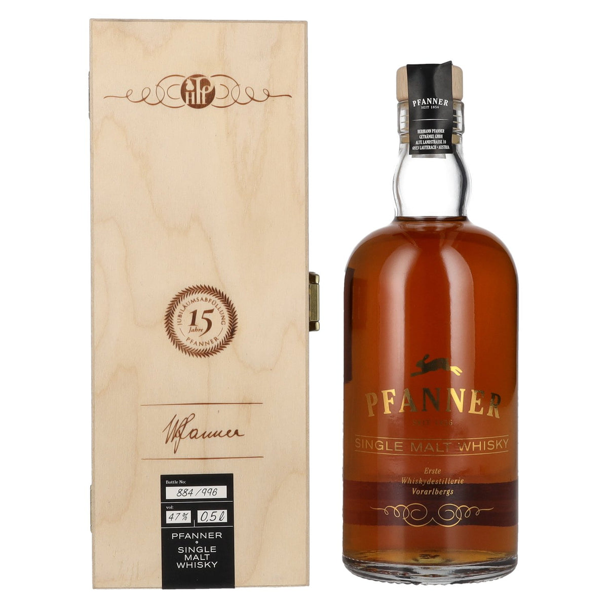 Pfanner 10 Years Old Single Malt Whisky édition anniversaire 47% vol. 0,5l dans une caisse en bois