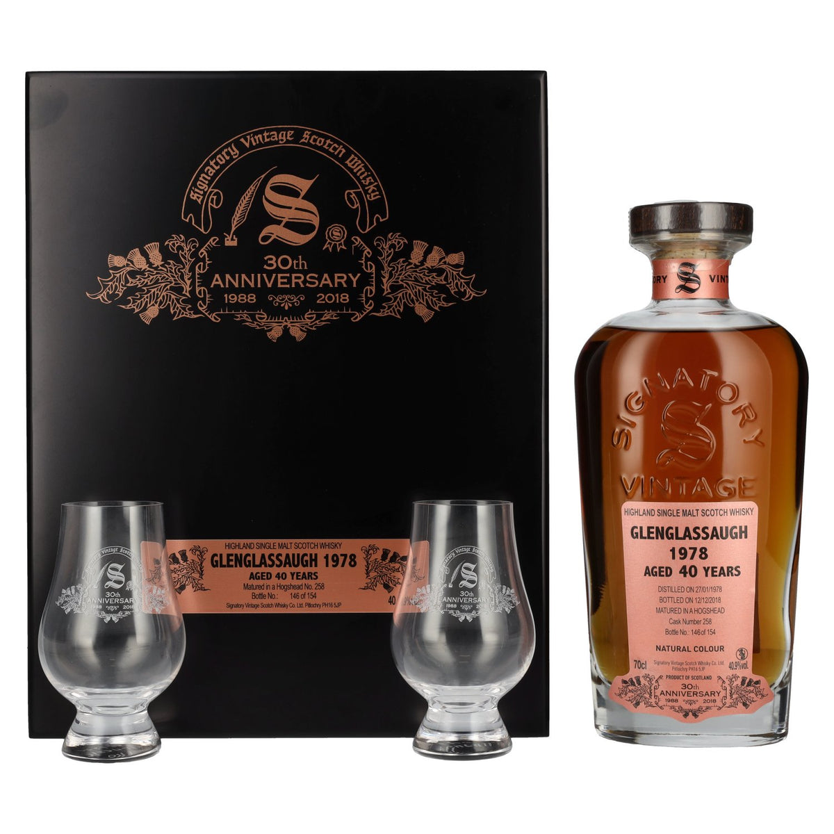 Signatory Vintage GLENGLASSAUGH 40 Years Old 30th ANNIVERSARY 1978 40,9% vol. 0,7l dans une caisse en bois avec 2 verres