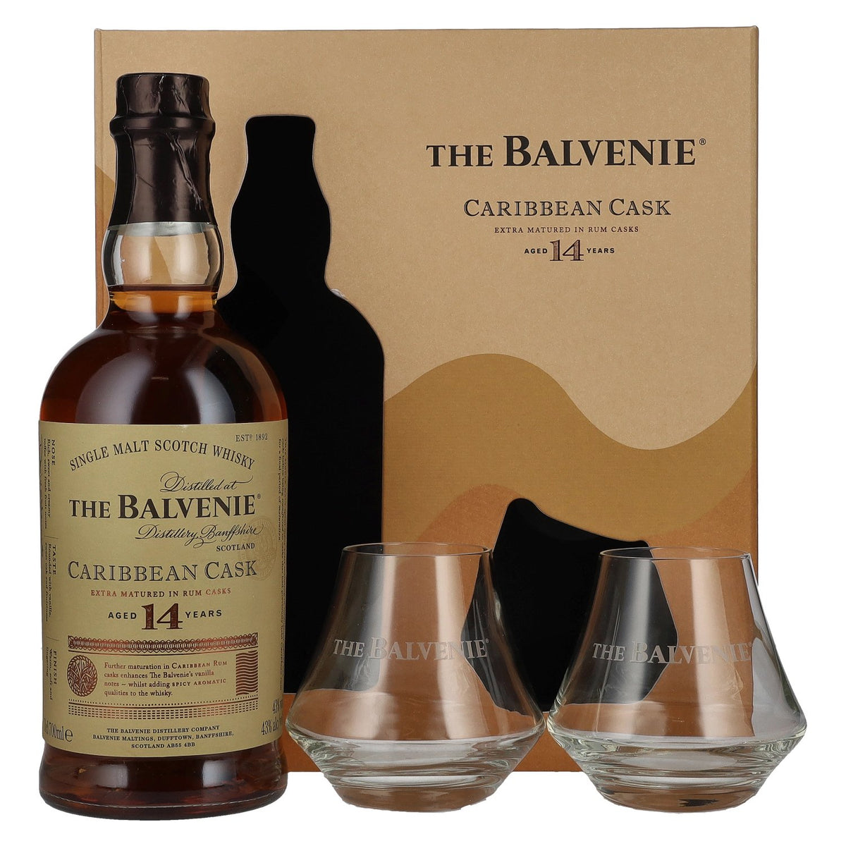 The Balvenie 14 Years Old Caribbean Cask Finish 43% vol. 0,7l en boîte cadeau avec 2 verres