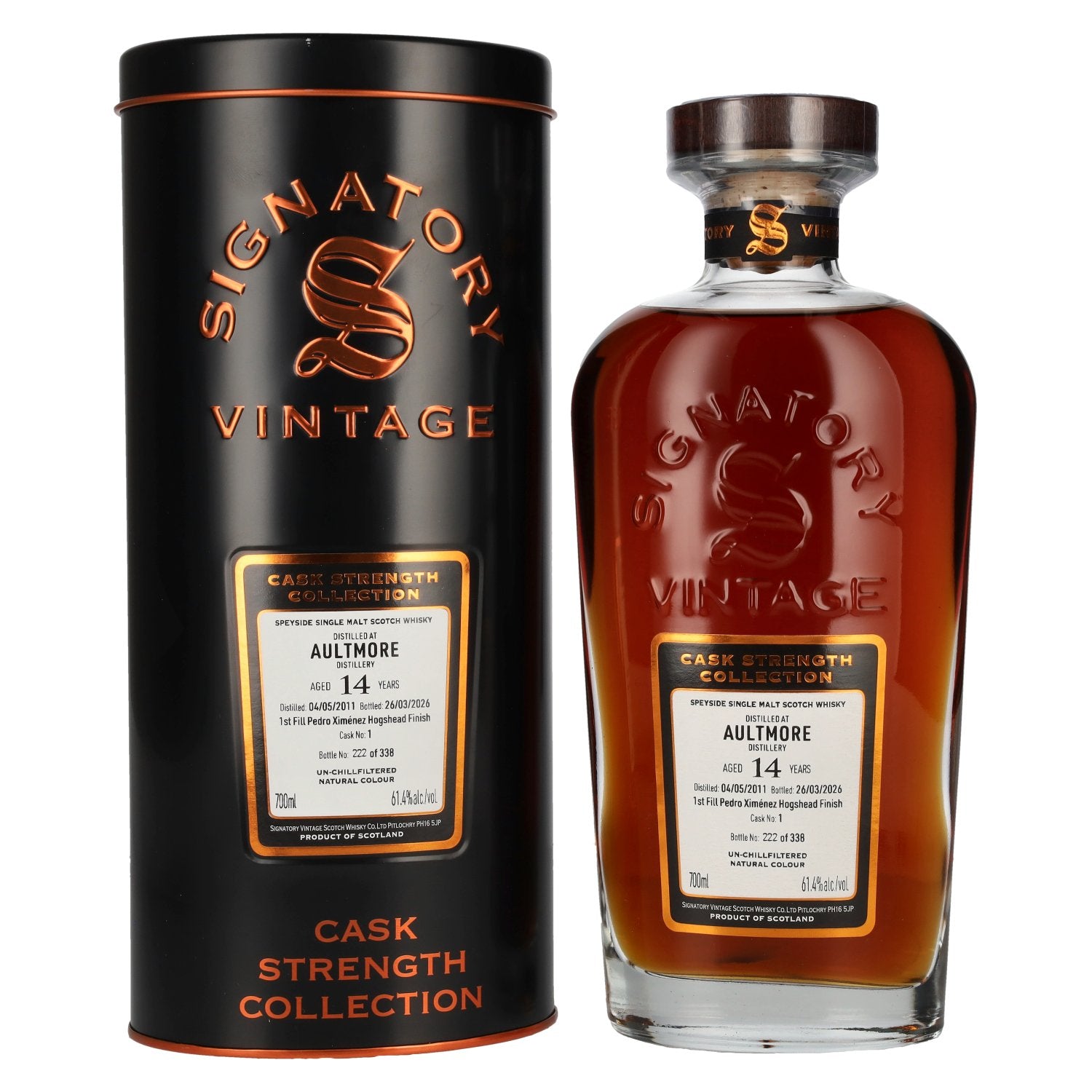 Signatory Vintage Aultmore 14 Years Old 1st Fill PX Hogshead Cask Strength #1 2011 61.4% vol. 0.7 l in a tin box