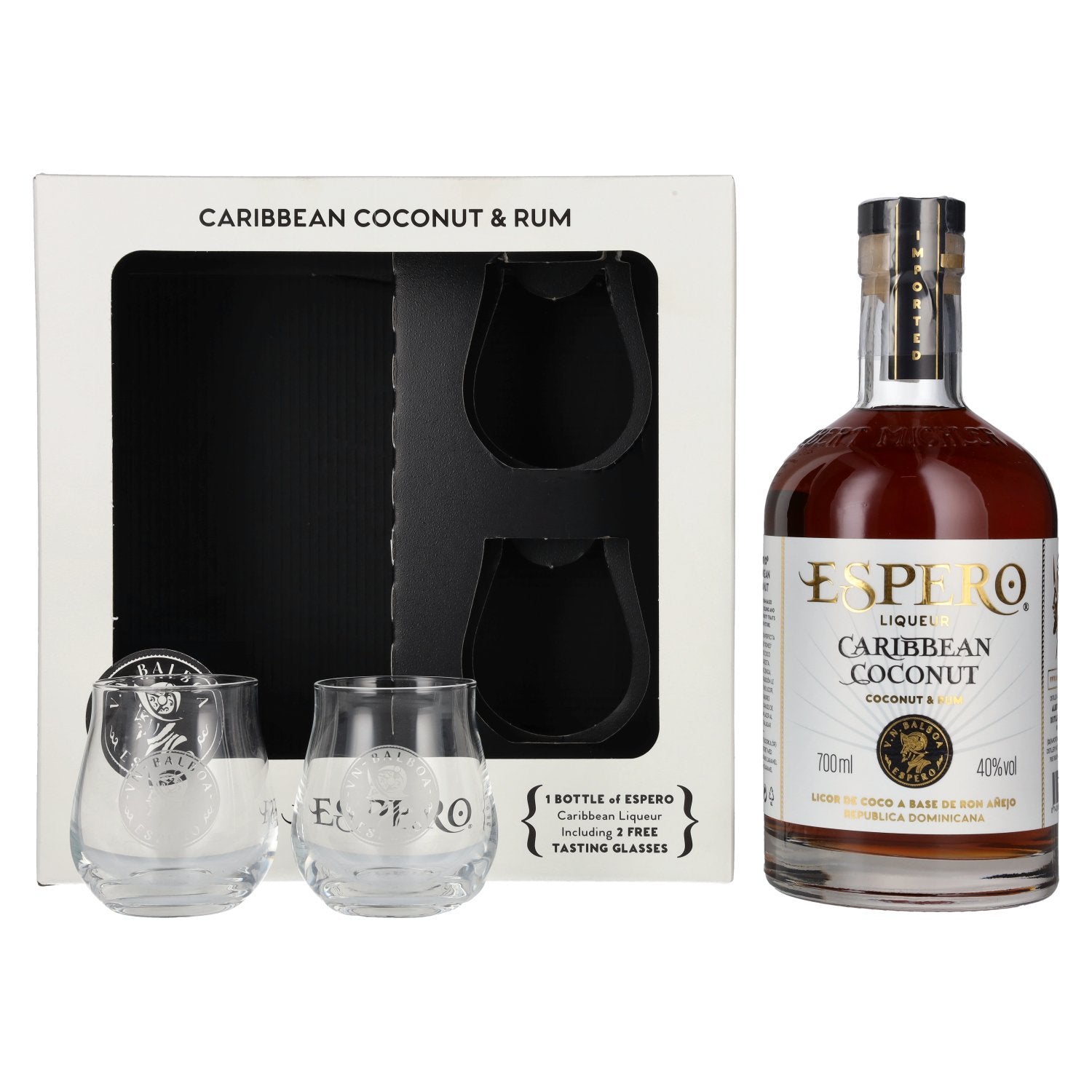 Ron Espero Caribbean Coconut &amp; Rum Liqueur 40% vol. 0.7 l in a gift box with 2 glasses