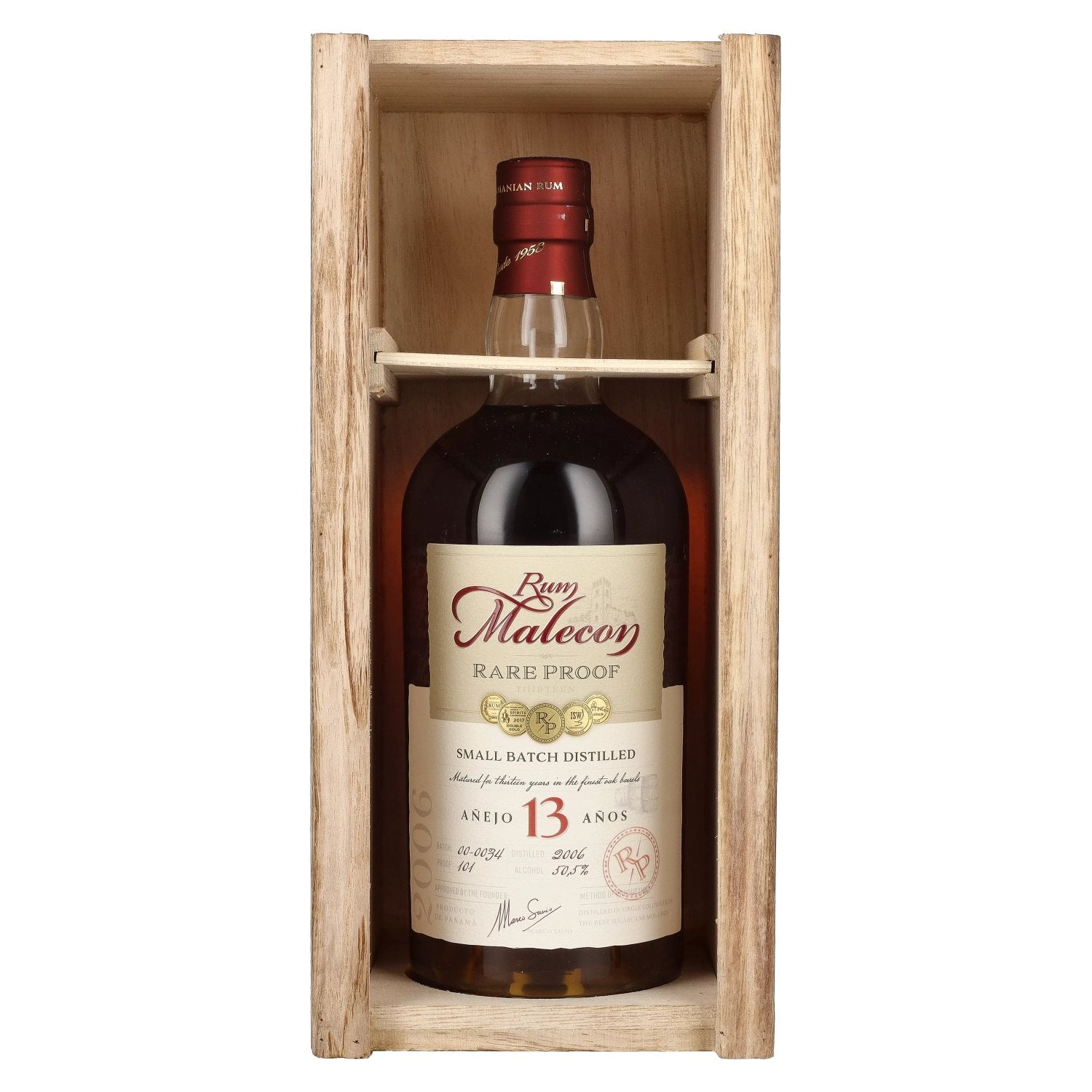 Rum Malecon Añejo 13 Años RARE PROOF 2006 50,5% Vol. 0,7l dans une caisse en bois