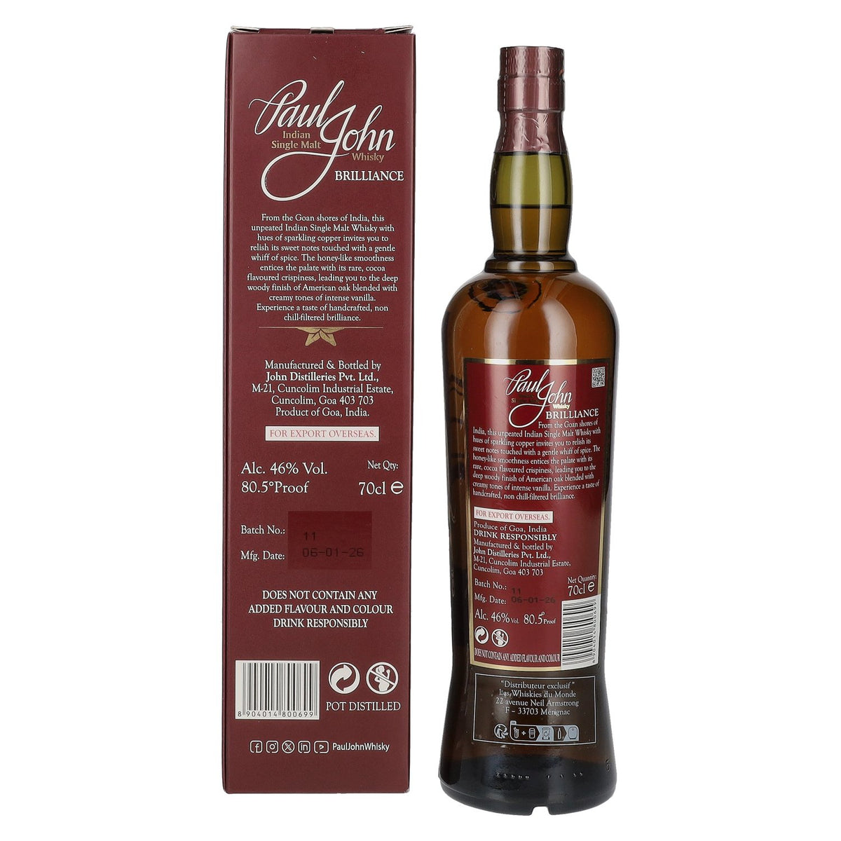 Paul John BRILLIANCE Indian Single Malt Whisky 46% vol. 0.7l in a gift box