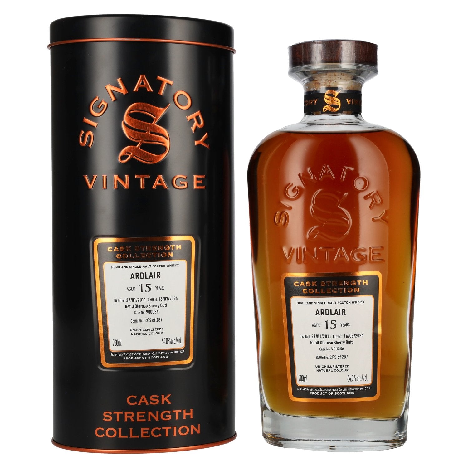 Signatory Vintage Ardlair 15 Years Old Refill Oloroso Sherry Butt Cask Strength 2011 64% vol. 0.7 l in a tin box
