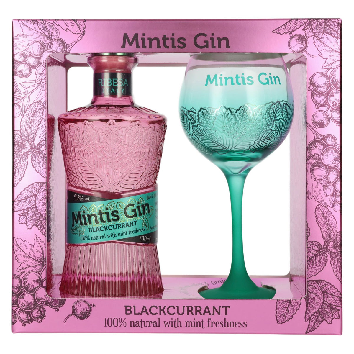 Mintis Gin BLACKCURRANT 41,8 % vol., 0,7 l, dans un coffret cadeau avec un verre