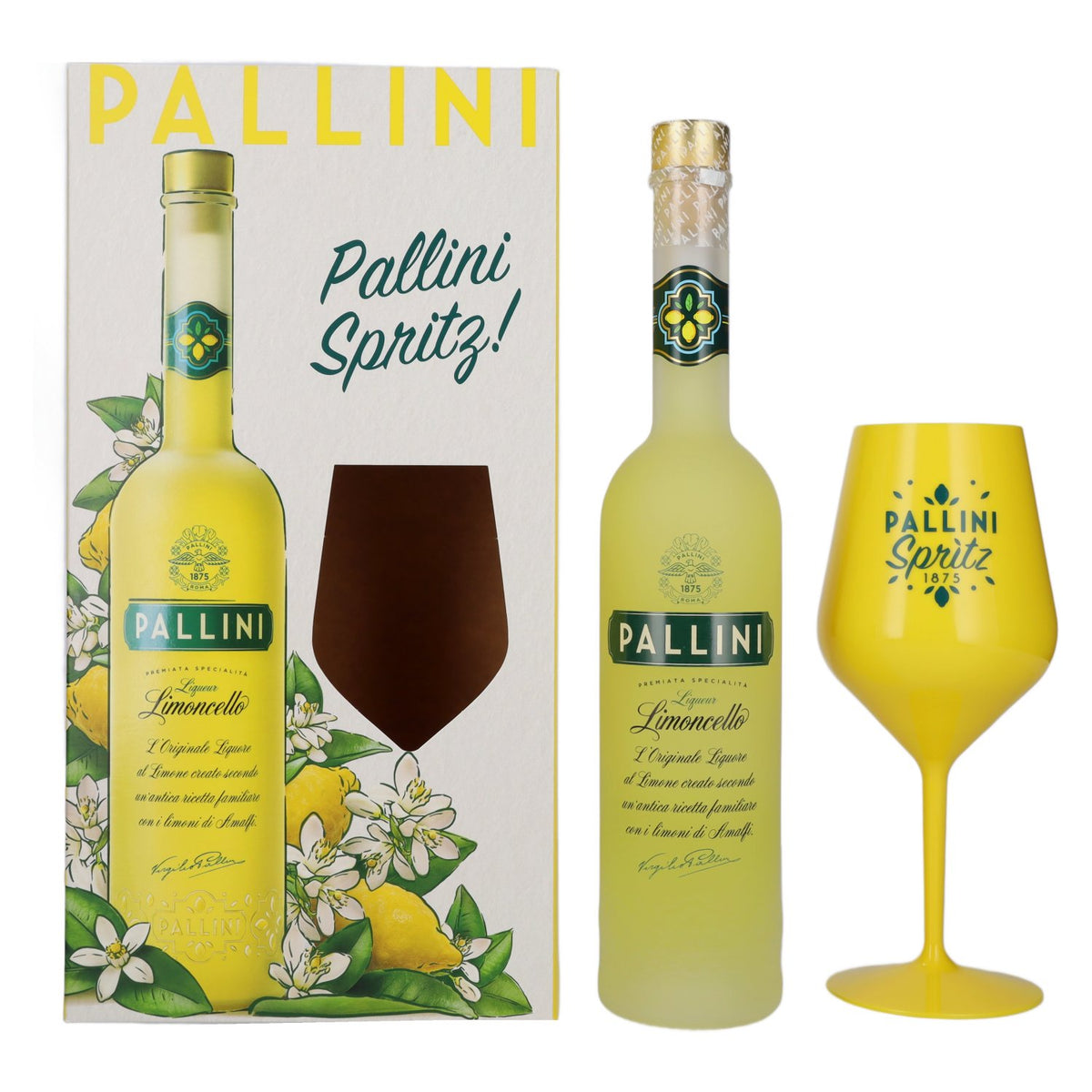 Pallini Limoncello Liqueur 26% ABV, 0.5 litres, in a gift box with a glass