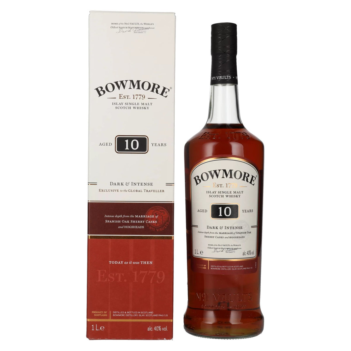 Bowmore 10 Years Old DARK &amp; INTENSE Travel Exclusive 40% Vol. 1l en boîte cadeau
