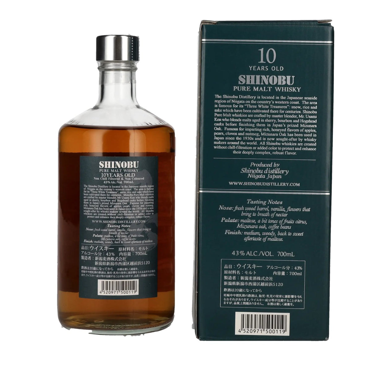 The Shinobu Pure Malt 10 Years Old Whisky MIZUNARA Japanese Oak Finish 43% Vol. 0,7l in gift box