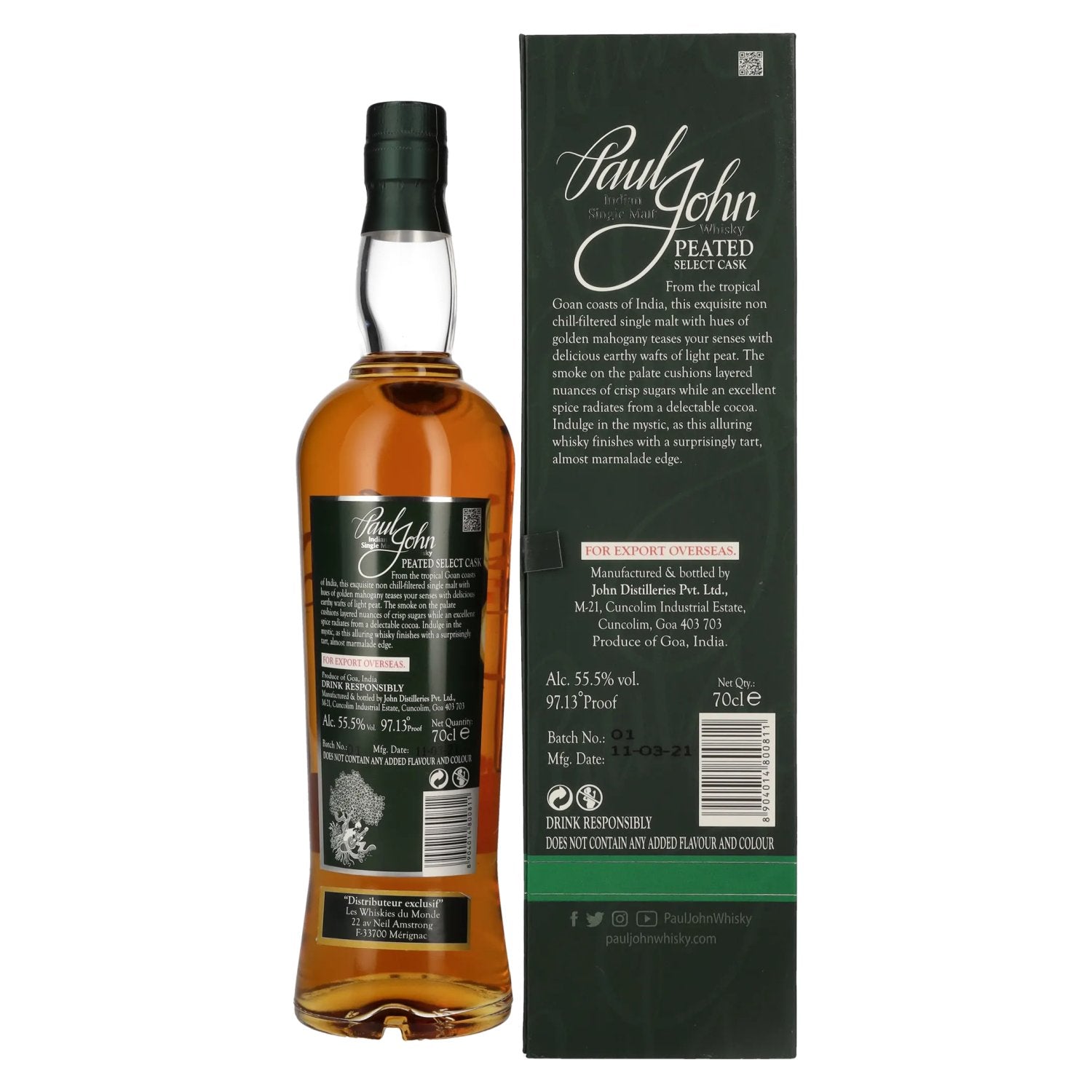 Paul John PEATED SELECT CASK Indian Single Malt Whisky 55,5% Vol. 0,7l in gift box
