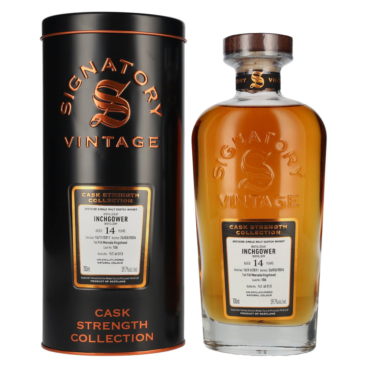 Signatory Vintage Inchgower 14 ans d'âge, premier remplissage en fût de Marsala, brut de distillerie n° 106, 2011, 59,7 % vol., 0,7 l dans une boîte en fer-blanc