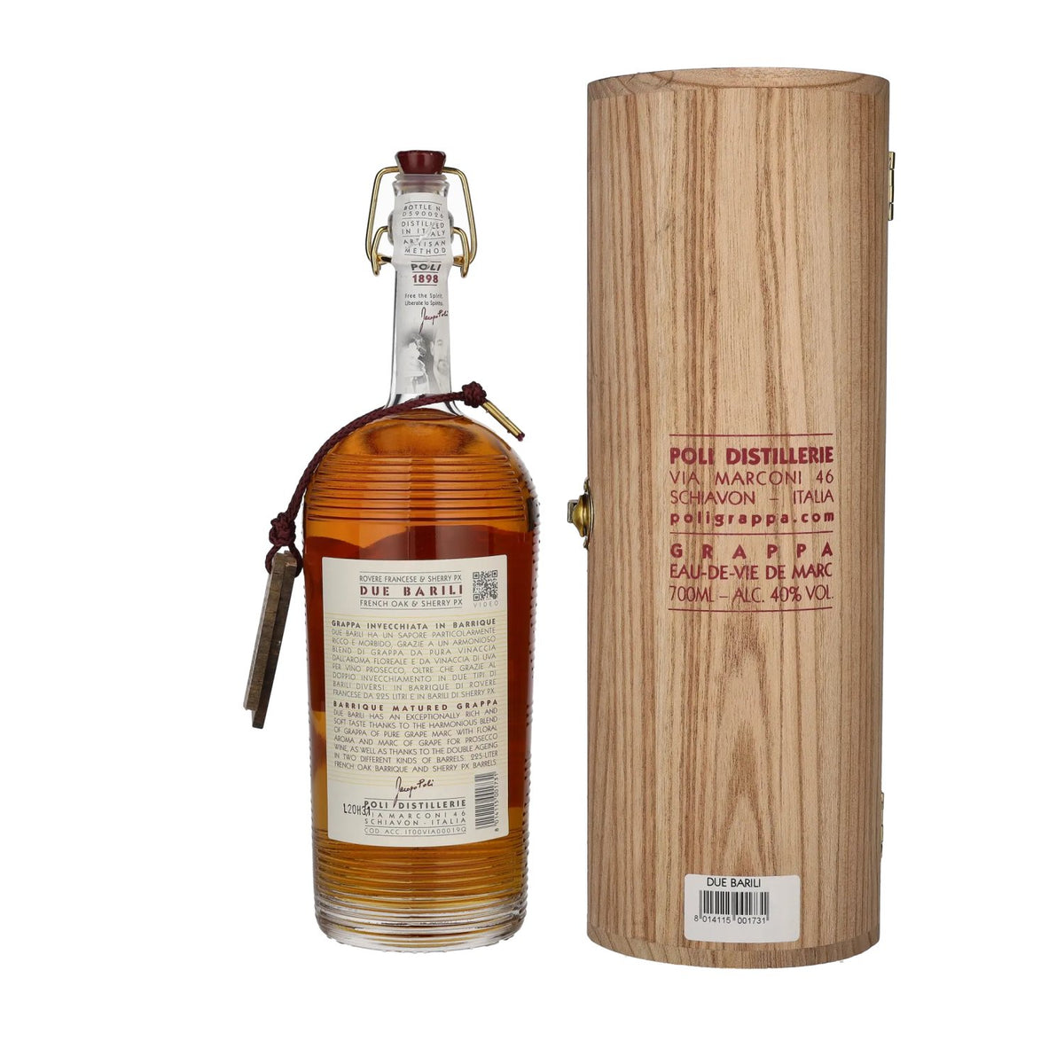 Poli Grappa Barrique Due Barili 40% vol. 0,7l dans une caisse en bois