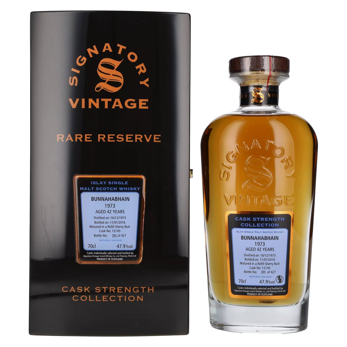 Signatory Vintage BUNnahabhain 42 Years Old RARE RESERVE Cask Strength 1973 47,9% Vol. 0,7l in wooden box