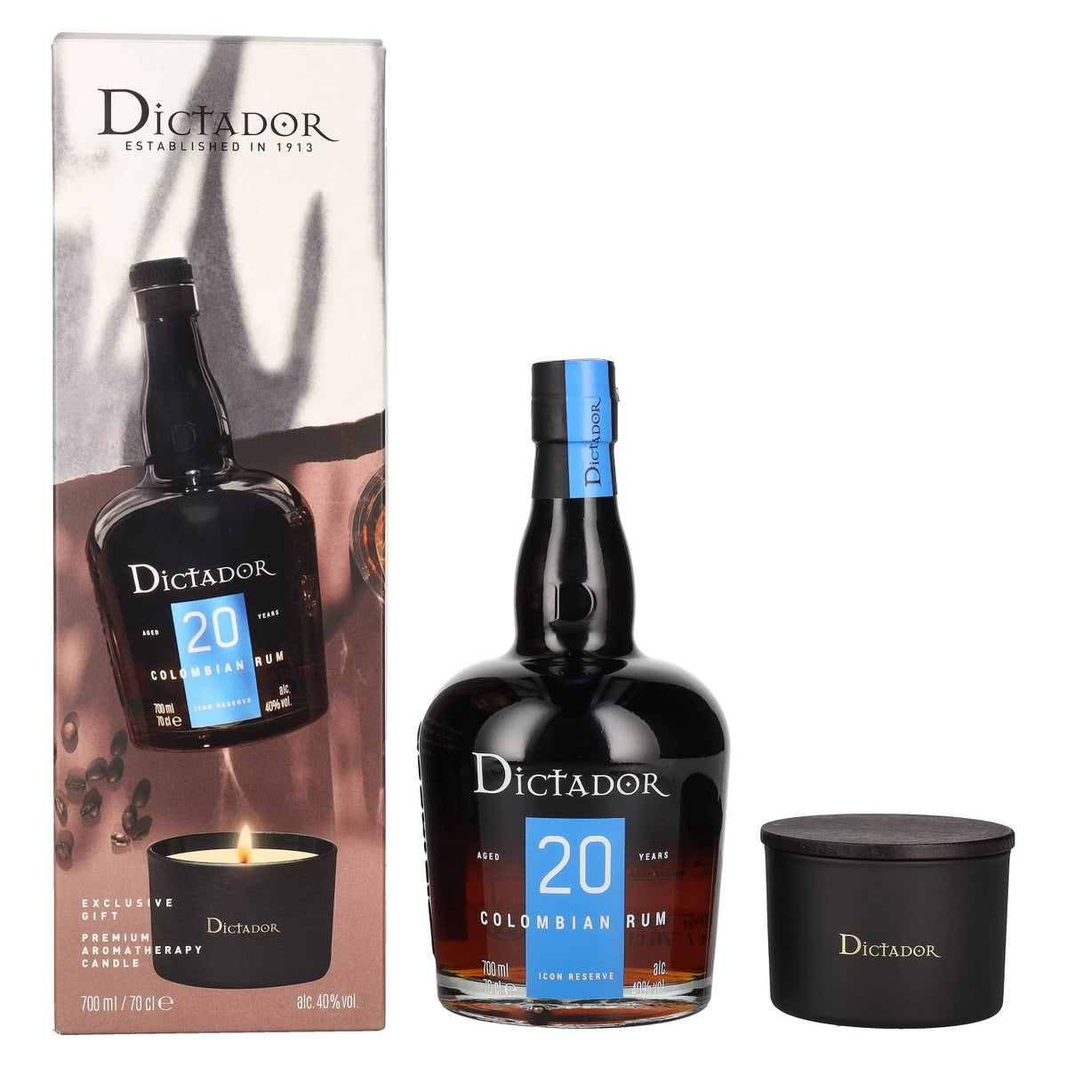 Dictador 20 Years Old ICON RESERVE Rhum colombien 40% vol. 0,7l en boîte cadeau avec bougie
