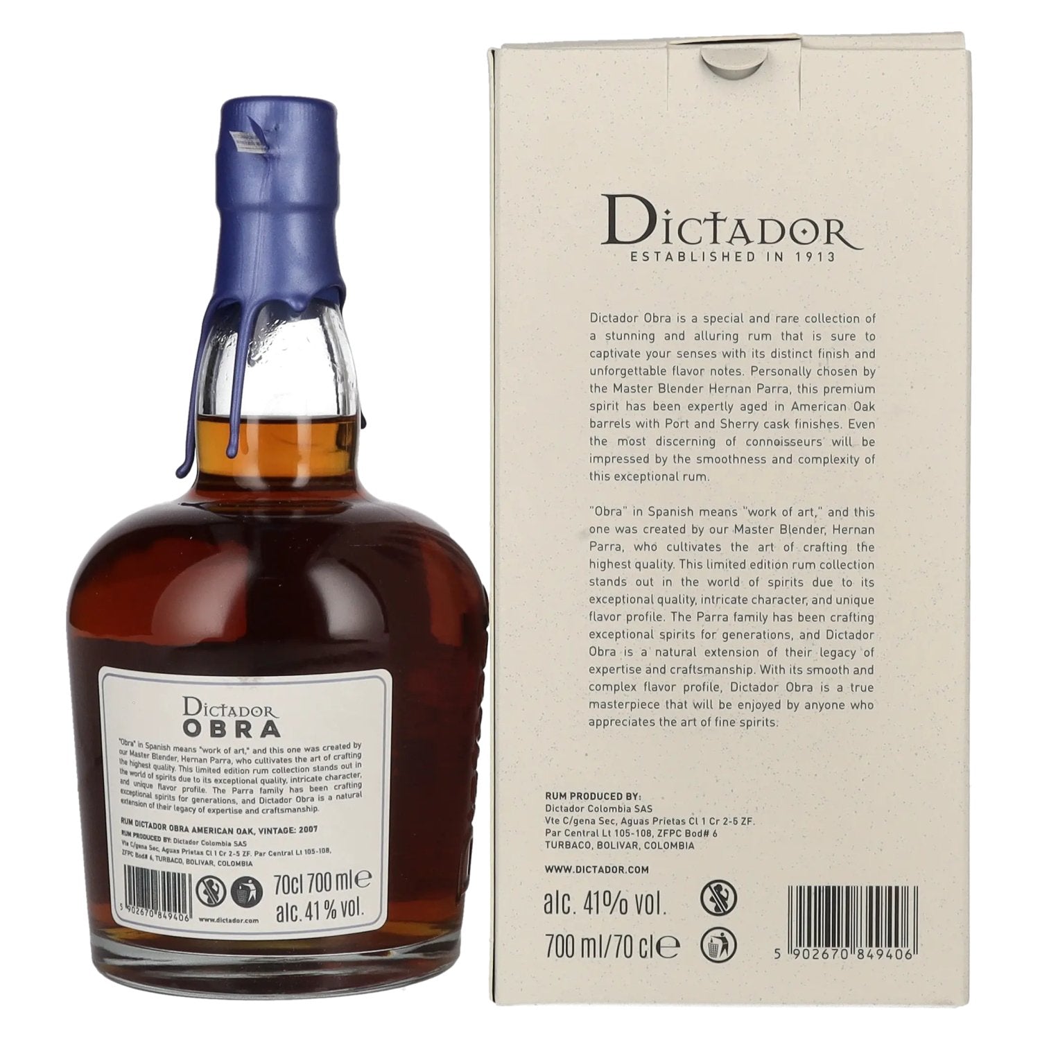 Dictador OBRA VINTAGE 16 Years Old AMERICAN OAK CASK Rum 2007 41% Vol. 0,7l in Geschenkbox