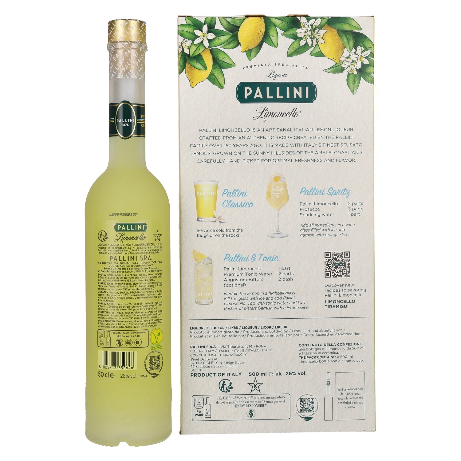 Pallini Limoncello Liqueur 26% Vol. 0,5l in Geschenkbox mit Keramik-Becher