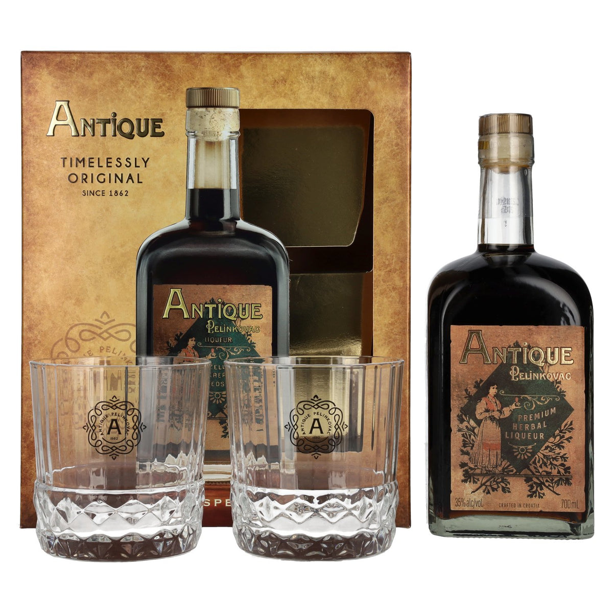 Badel Antique Pelinkovac Premium Herbal Liqueur 35% Vol. 0,7l in gift box with 2 glasses
