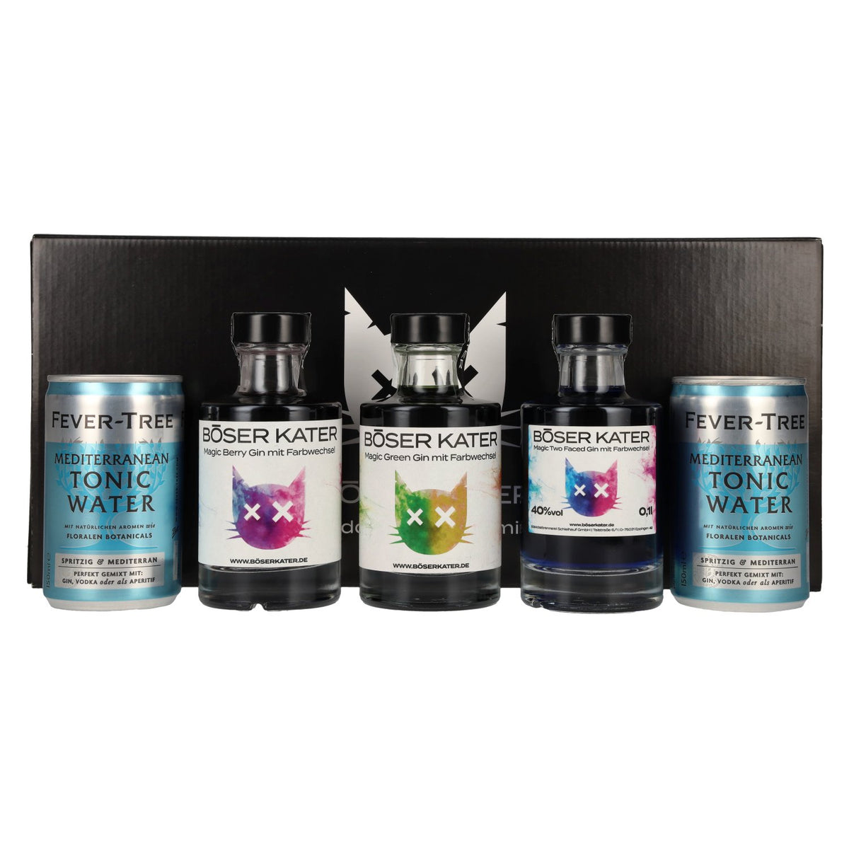 Böser Kater Colour-Changing Gin Tasting Set 40% vol. 3 x 0.1 l in a gift box with 2 tins of Fever-Tree Mediterranean Tonic Water
