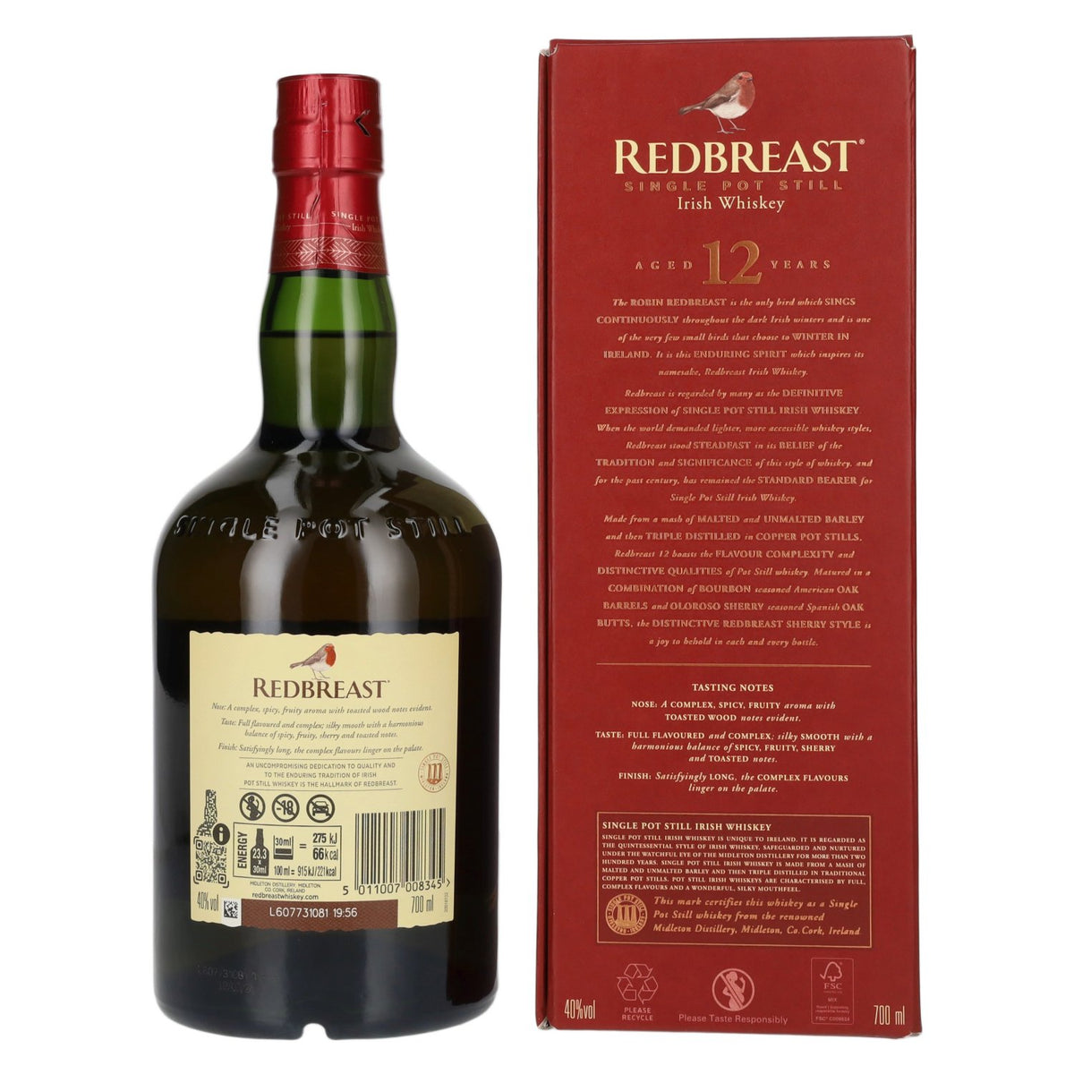 Redbreast 12-Year-Old Single Pot Still Irish Whiskey 40% ABV, 0.7 litres, in a gift box