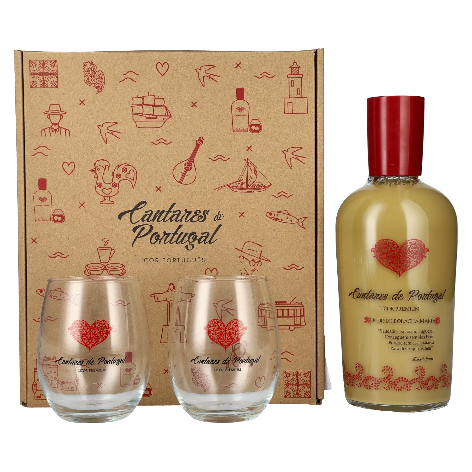 Cantares de Portugal Licor de Bolacha Maria 15% Vol. 0,7l en boîte cadeau avec 2 verres