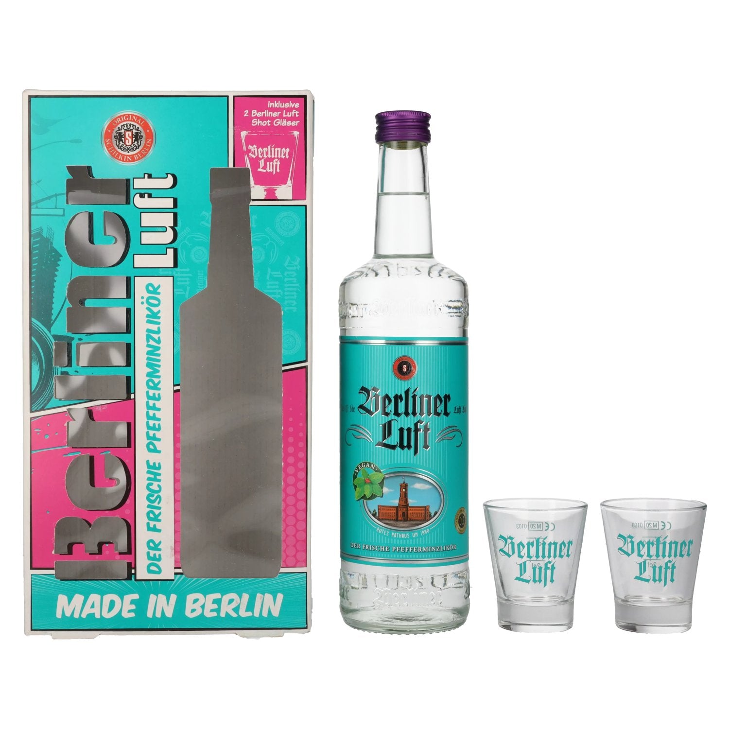 Berliner Luft DER FRISCHE peppermint liqueur 18% vol. 0.7l in gift box with 2 glasses