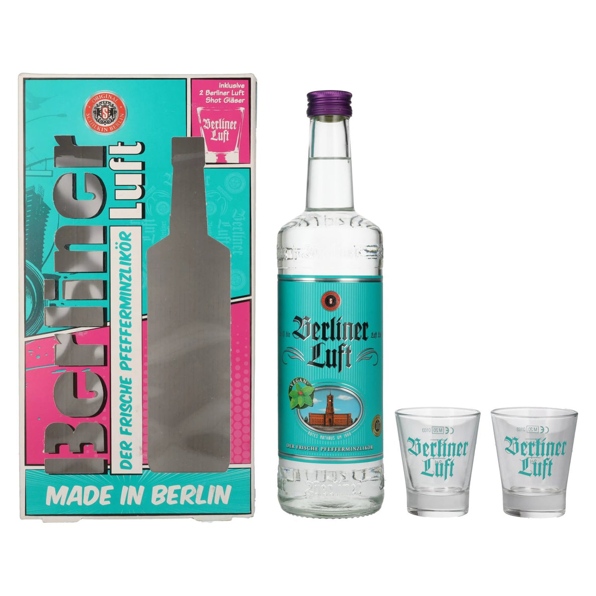 Berliner Luft LA FRAÎCHEUR Liqueur de menthe 18% vol. 0,7l en coffret cadeau avec 2 verres