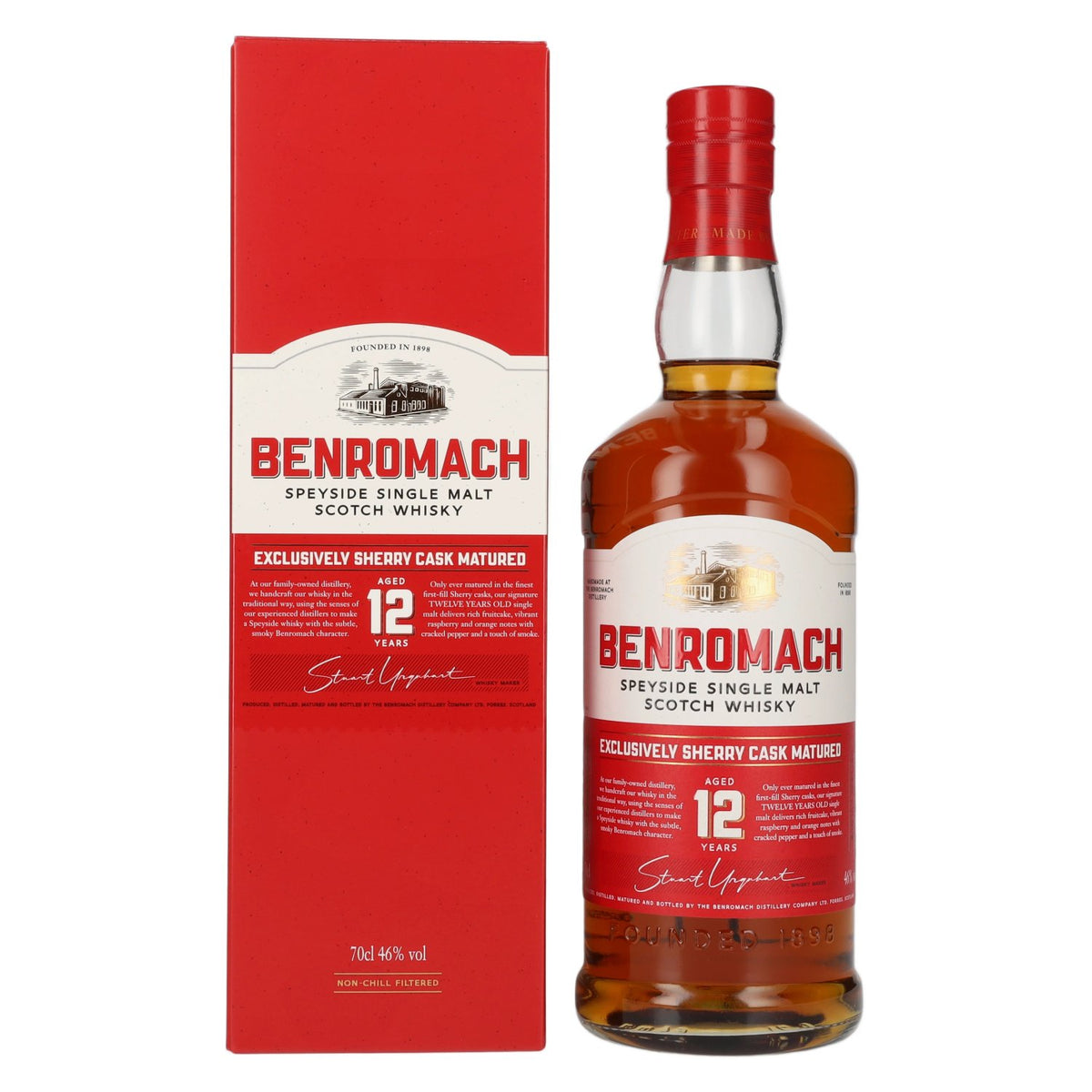 Benromach 12 Years Old, exclusively sherry cask-matured Speyside single malt, 46% vol., 0.7 litres, in a gift box